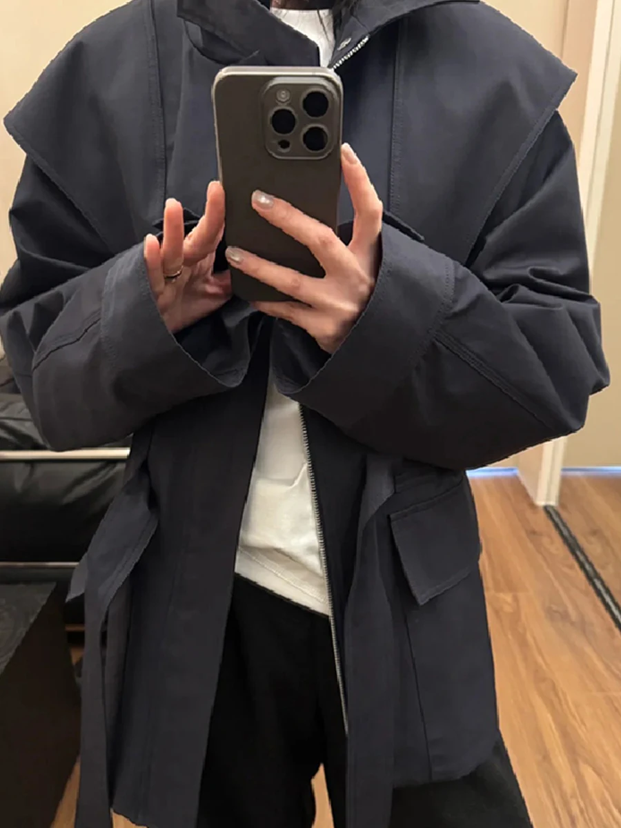 

Корейское женское длинное пальто, куртка с воротником-стойкой и поясом, утягивающий дизайн, свободная ветровка из органического хлопка