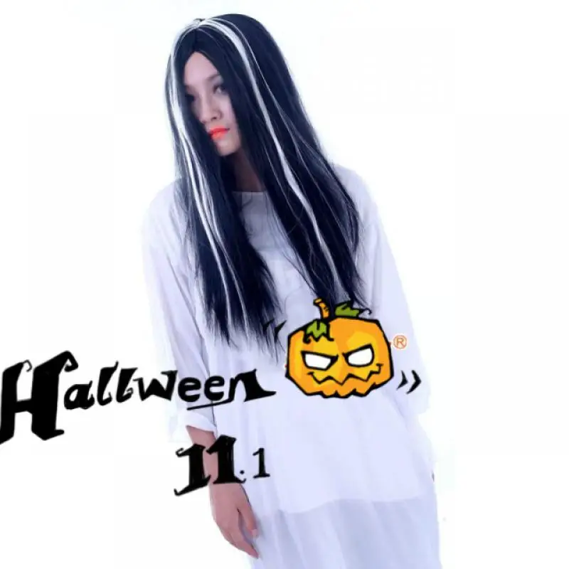 Halloween Yin Yang Wig Japanese Ghost Girl Costume Headgear for Scary Parties Stage Performances Cosplay Events White Black Wig
