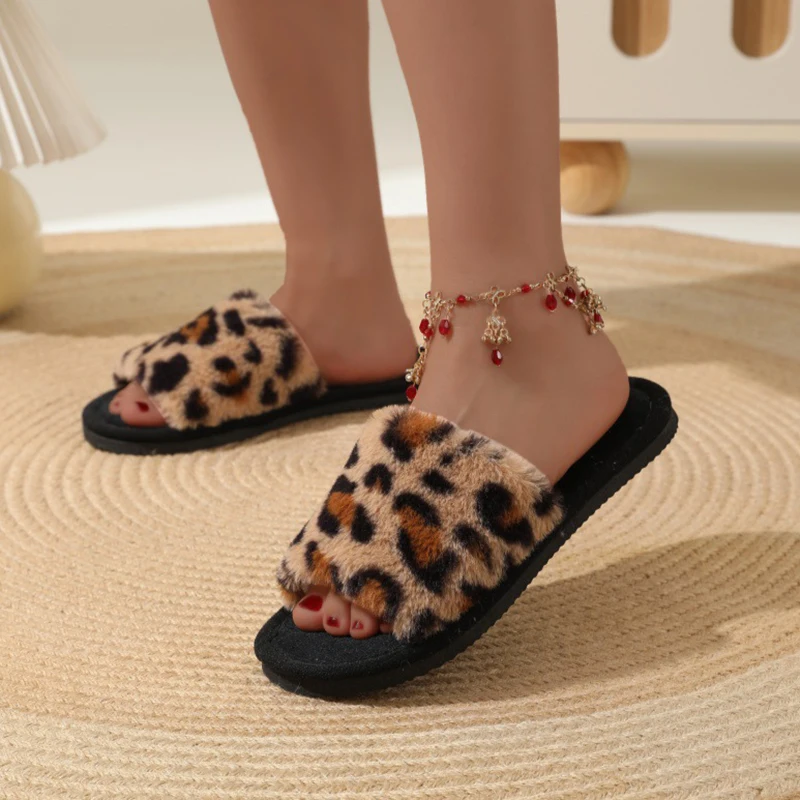 Fashion Leopard Faux Fur Home Slippers Women Autumn Winter Warm Plush Slides Woman Indoor Bedroom Soft Sole Fluffy Slippers