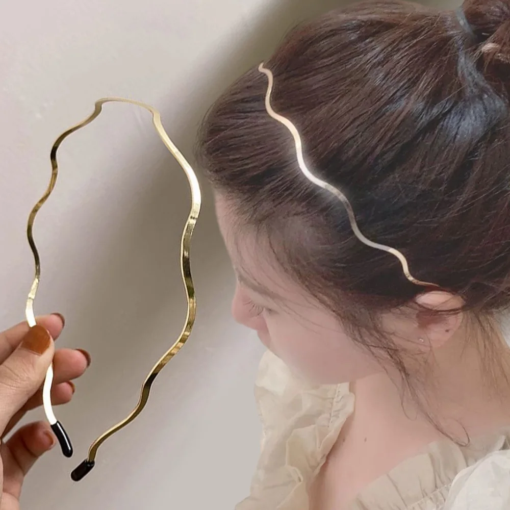 Simple Gold Metal Waved Hairbands Korean Women Bending Headband Geometric Thin Head Hoop Elegant Headwear for Girls Hair Styling