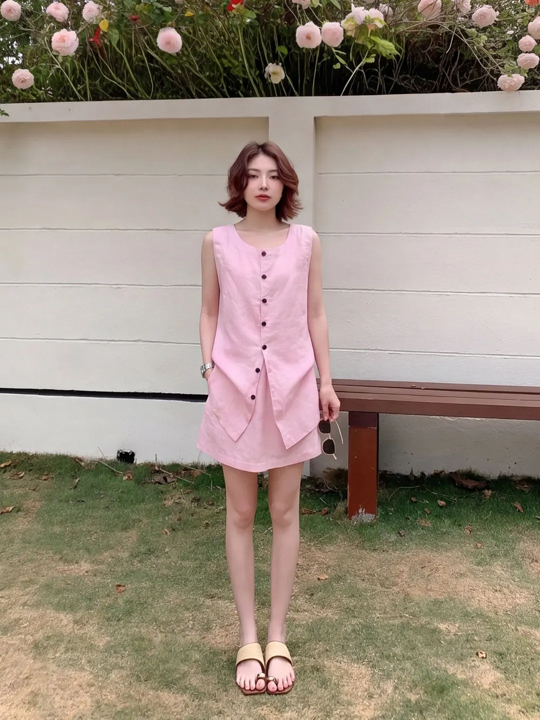 Sweet Pink round Neck Single Button Vest Short Skirt Two Piece Set Women Summer Age Reducing White Enhancing Outfit Casual Date