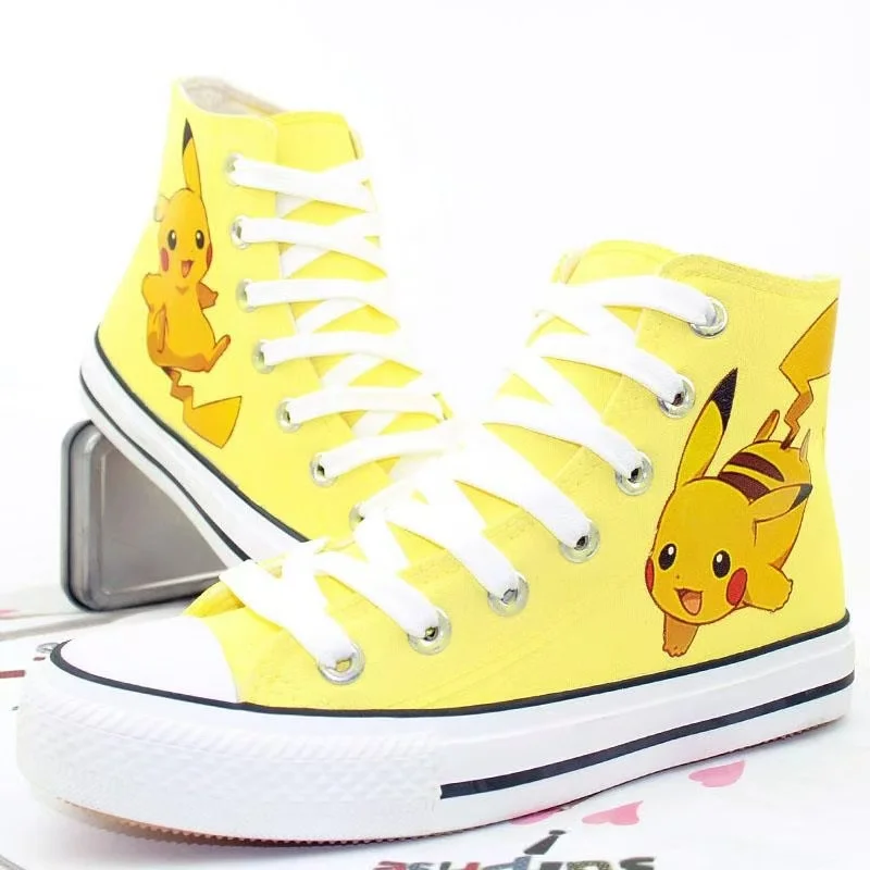 Pikachu, superventas, zapatos de lona de alta calidad para mujeres, hombres, de talla grande, lindos zapatos deportivos blancos para estudiantes, par de zapatos casuales negros