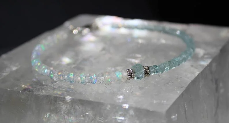 Opal Bracelet with Moonstone and Aquamarine, Moonstone Bracelet, Aquamarine Bracelet, June Birthstone, Dainty Gemstone Beaded