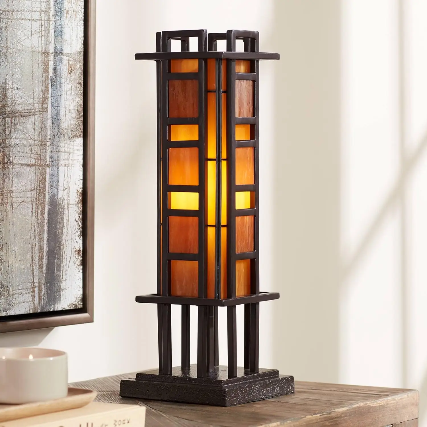 Prairie Style Mission Rustic Pillar Accent Table Lamp Bronze Iron Column Hand-Cut Amber Stained Art Glass for Living Room