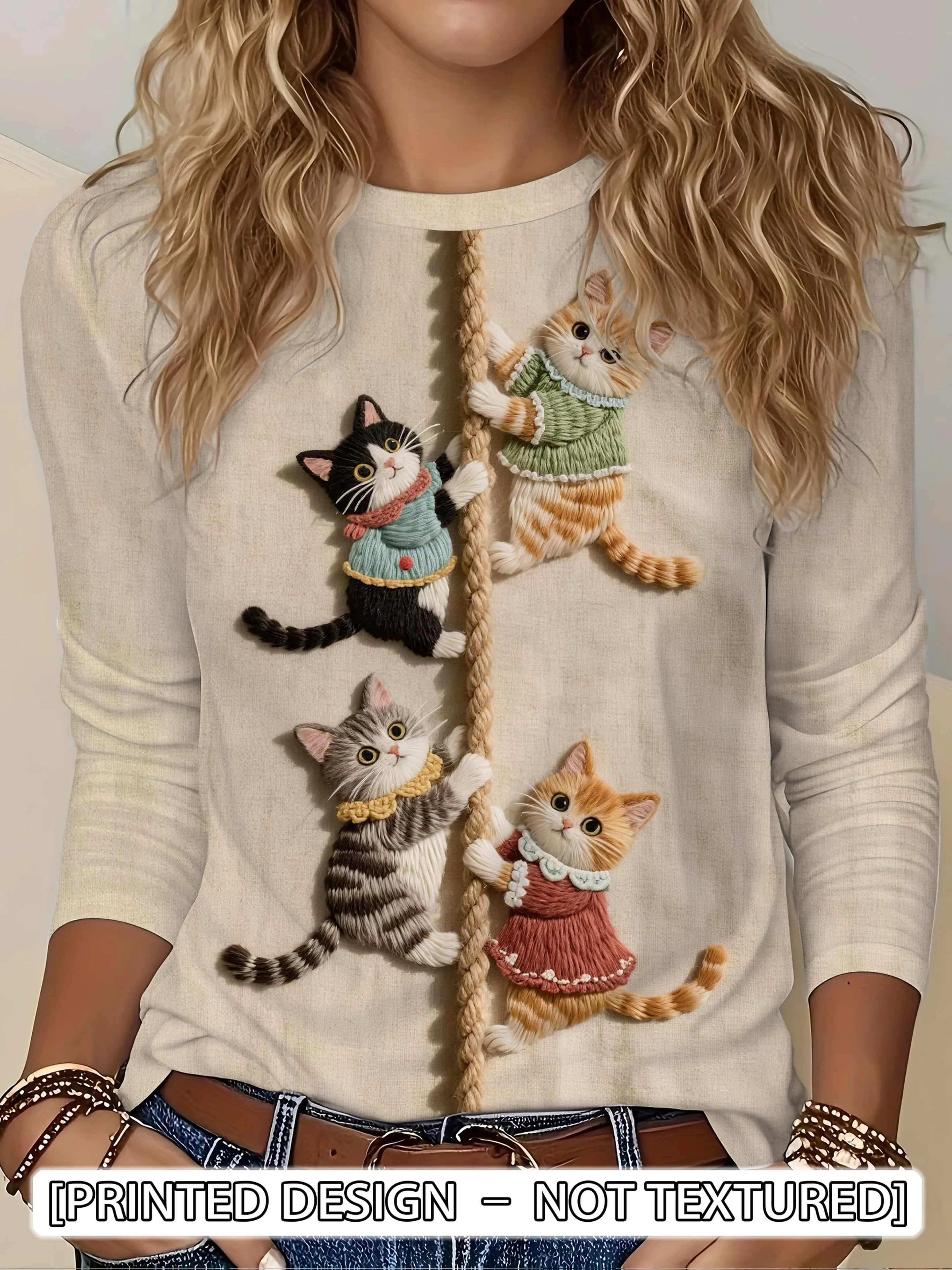Women Crew Neck Long Sleeve T‑ - Embroidery Tshirt 评论和价格