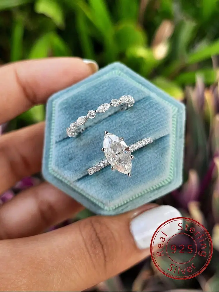 

925 Sterling Silver Simple Marquise Round Zircon Ring Set For Women Anniversary Wedding Luxury High Quality Fine Jewelry