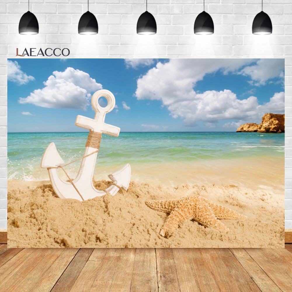 Laeacco Seaside Beach Backdrop Starfish Conch Mussel Shells Shell Pure White Sandbeach  Summer Holiday Photography Background