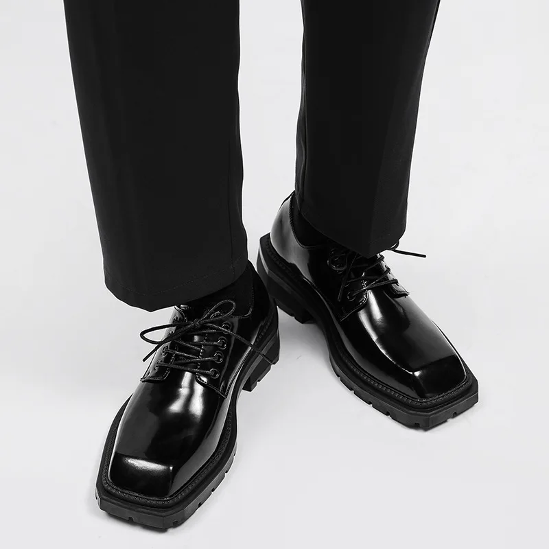 

men fashion punk rock dress platform shoes lace-up patent leather oxfords shoe brand designer square toe sneakers black footwear