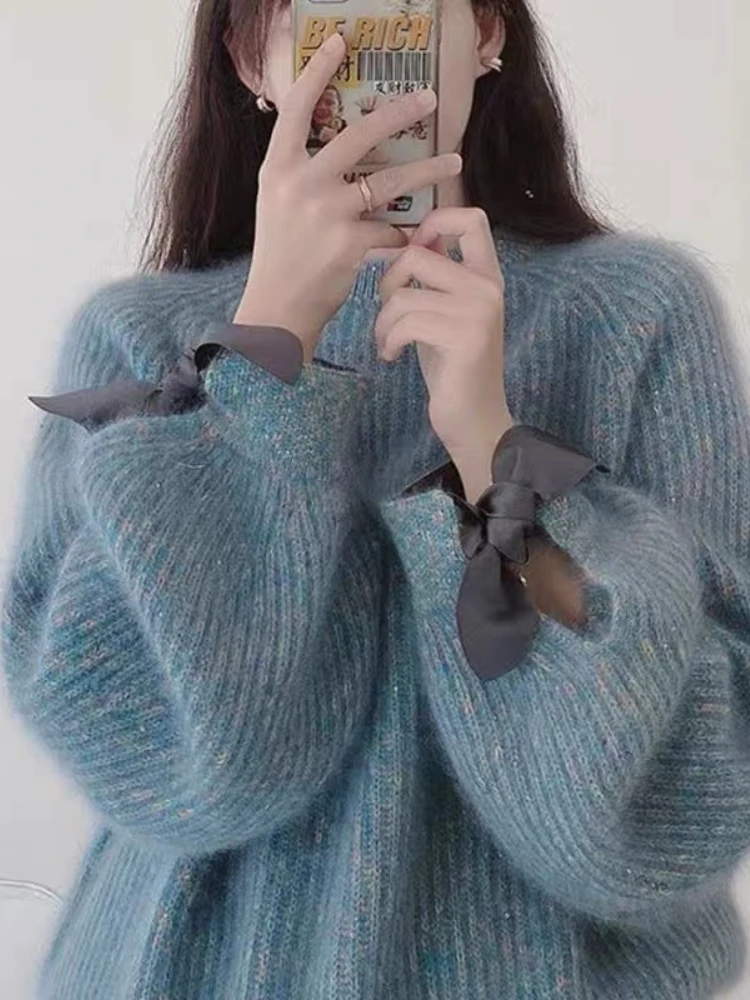 Autumn Winter Women's Knit Sweaters Long Sleeved Round Neck Gradient Color Pullovers Loose Casual Bow Lantern Sleeves Female Top