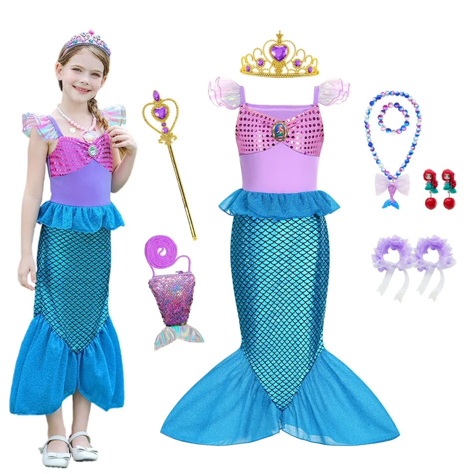 

Kids Mermaid Costume for Girls Ariel Dress Up Set Including Wig Magic Wand Jewelry Purse Perfect for Halloween Carnival Cosplay