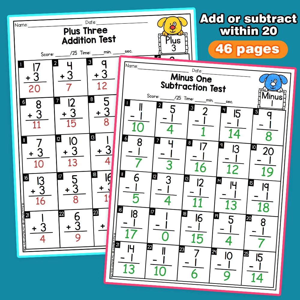 46 Pages Math 20 Addition and Subtraction Practice Sheets Calculation Exercises Kids Toys Educational Classroom, Homework