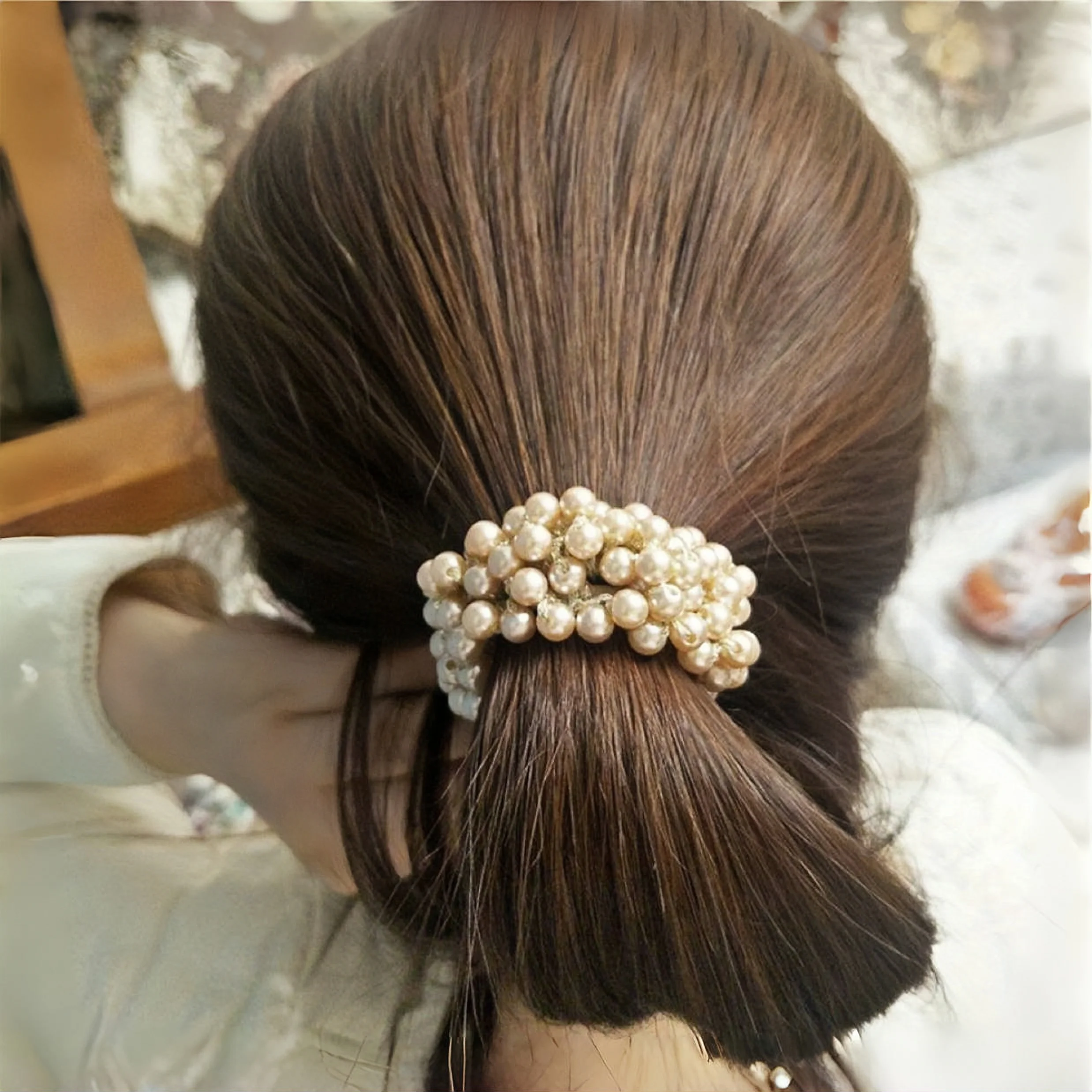 ربطة شعر أنيقة من اللؤلؤ الصناعي للنساء والفتيات، أربطة شعر بسيطة وأنيقة، حامل ذيل حصان مرن، أربطة مطاطية