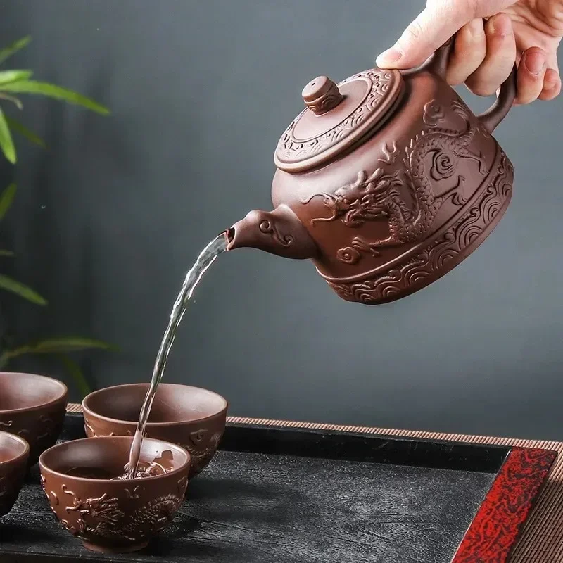 Large Capacity Handmade Dragon Phoenix Tea Pot Household Large Kung Fu Tea Set 600ml Yixing Purple Sand Ceramic Tea Pot