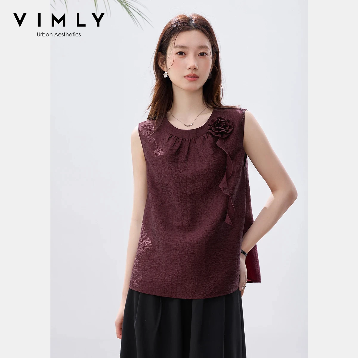 

VIMLY Women's Casual Sleeveless Chiffon Blouse 2026 Summer New Fashion Round Neck 3D Floral Design Loose Textured Shirt A5386