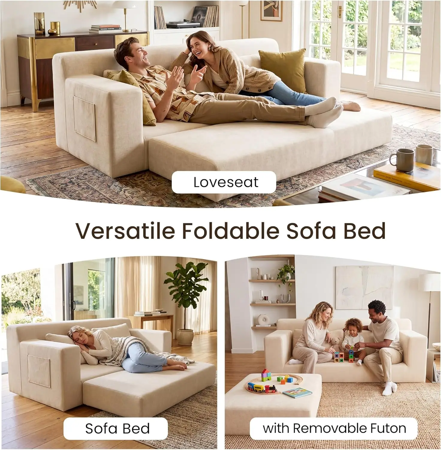Divano Letto Senza Struttura da 71 Pollici, Divano Pieghevole 4 in 1 a 3 Posti per Soggiorno, Divano Cloud Senza Struttura con Tasca Portaoggetti e 2 Cuscini, Beige