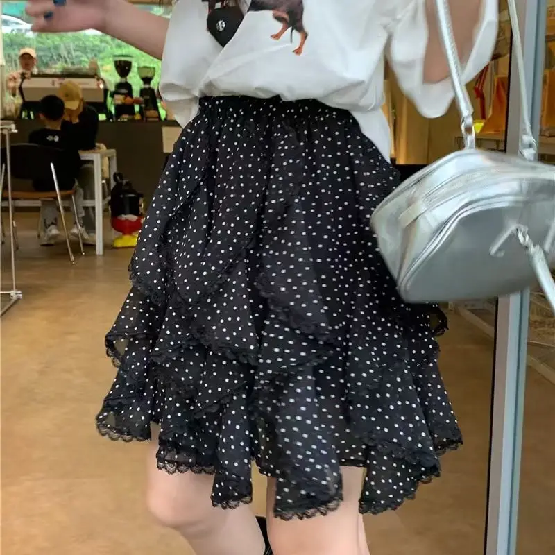 Lotus Leaf Cake Slimming Wave Point Summer New Half Skirt High Waist Irregular Lace Short Skirt