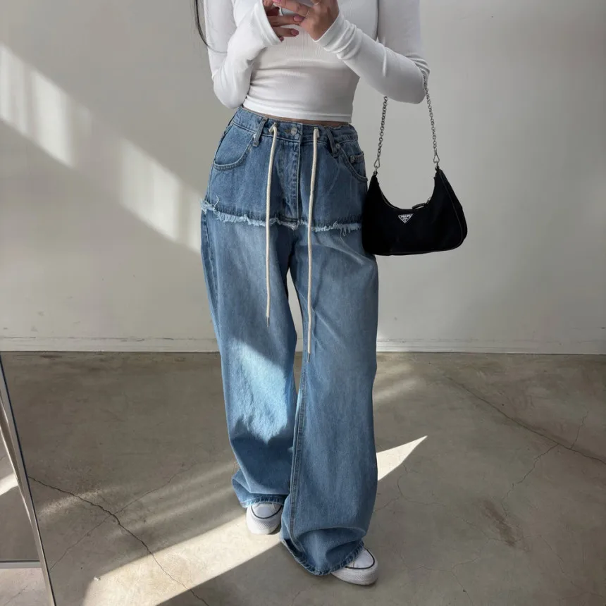 

SuperAen Spring New Spliced Raw Edge Washed Distressed Jeans Fashion High Street Oversize Full Length Wide Leg Pants