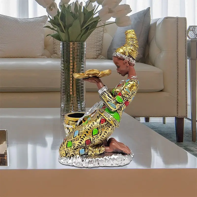 

African Girl Holding a Plate Resin Sculpture Home and Office Decorative Storage Ornament Vintage Collectible Craft Deskt Decor