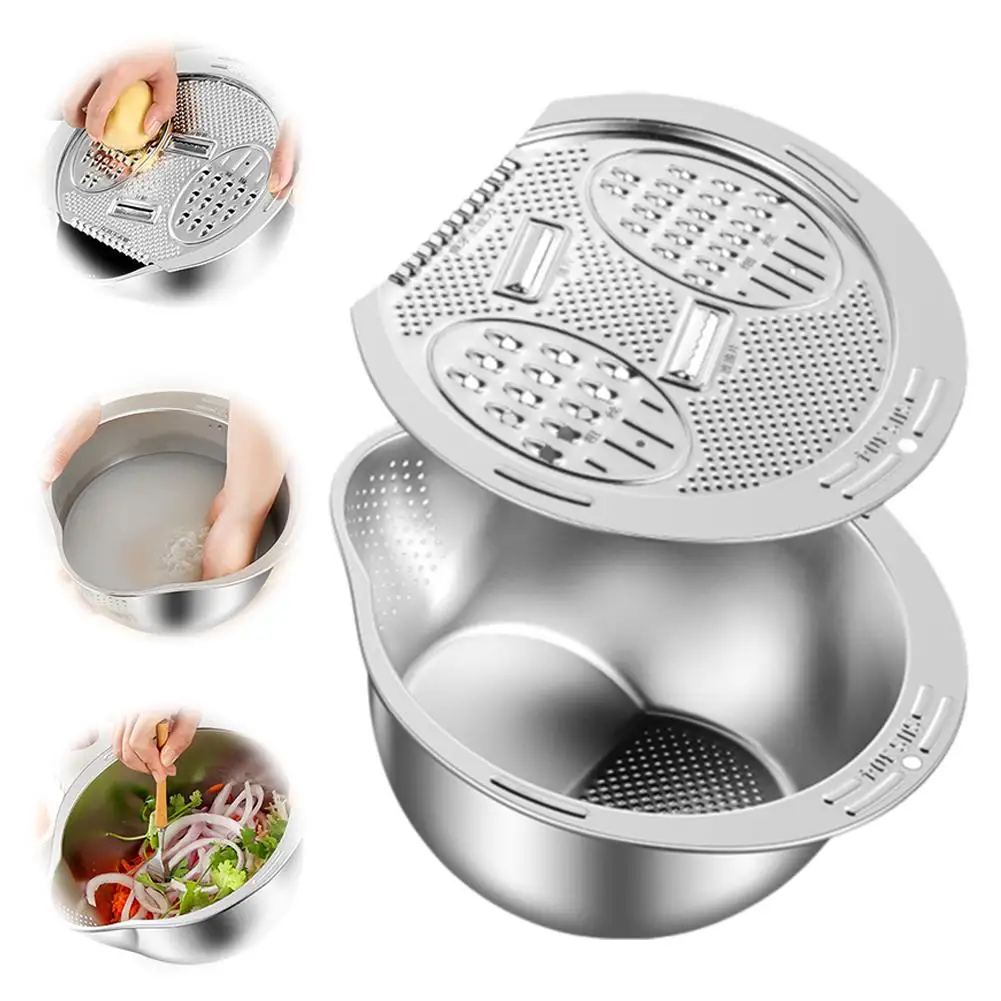 Stainless Steel Drain Basket 3 in 1 Colanders Basin Multifunctional Slicer Basin Vegetable Graters Drainage Thickened Kitch Z6C0