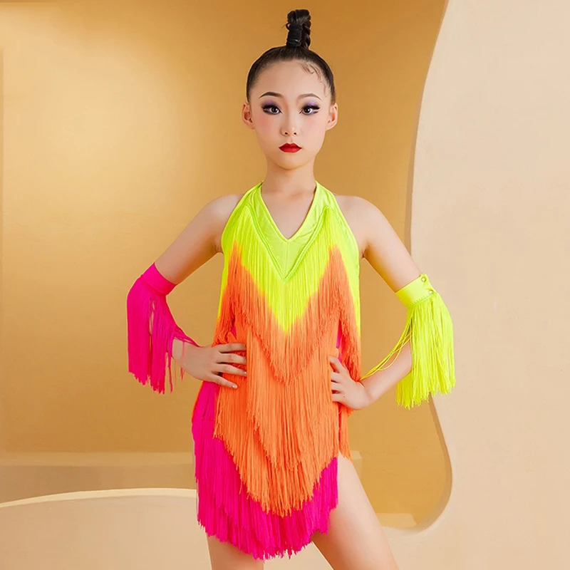 

New Girls Latin Dance Dress Fluorescent Yellow Orange Pink Tassels Dress Kids Cha Cha Dance Clothes Competition Clothing BL13259