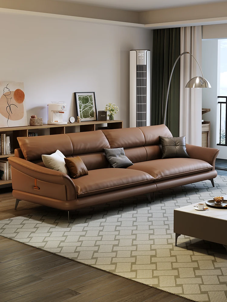 

Light luxury extremely simple cowhide sofa living room simple modern Nordic straight-row down leather sofa