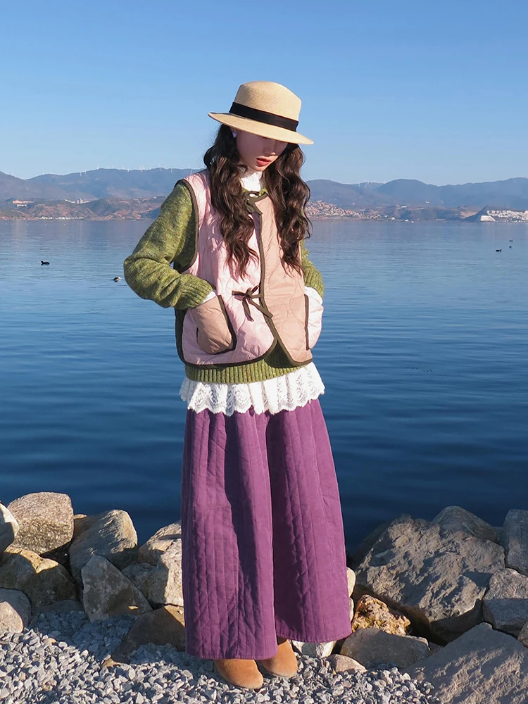 Sli Color Blo round Ne Svel Vest Jaet المرأة الخريف الشتاء الدافئة ملابس خارجية فضفاضة تخفيف Sle Morning Bell E...