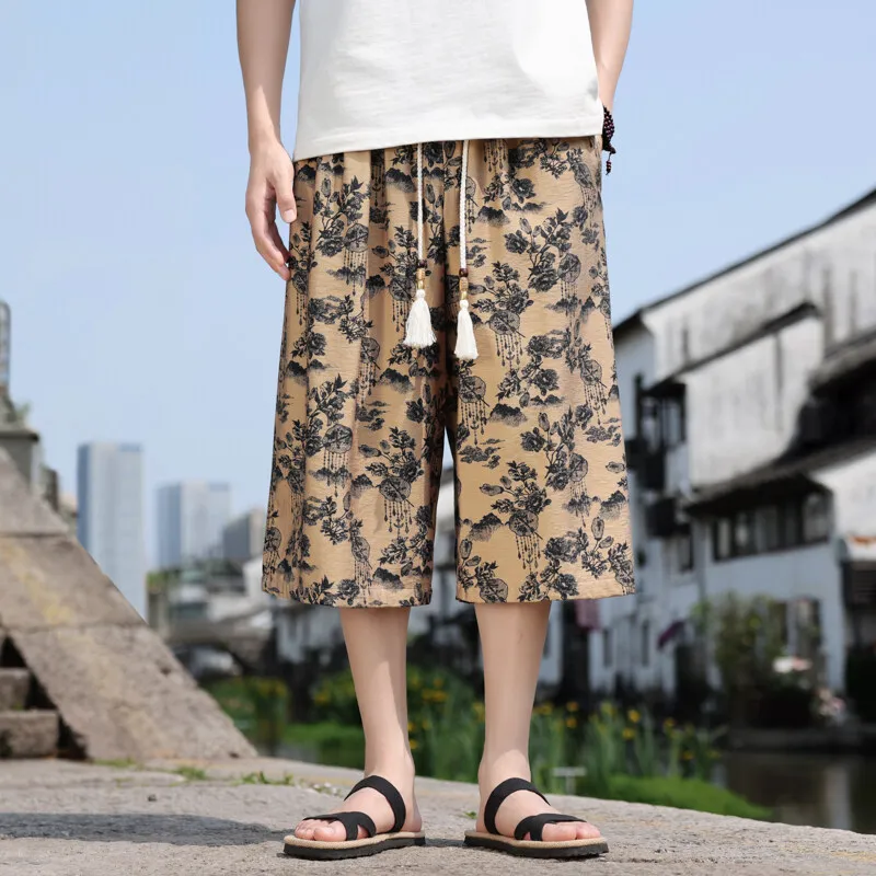 Men's Stylish Summer Printed Wide Leg Cropped Pants Casual Beachwear Elastic Waist Tropical Patterns Bottoms M-XXXXXL