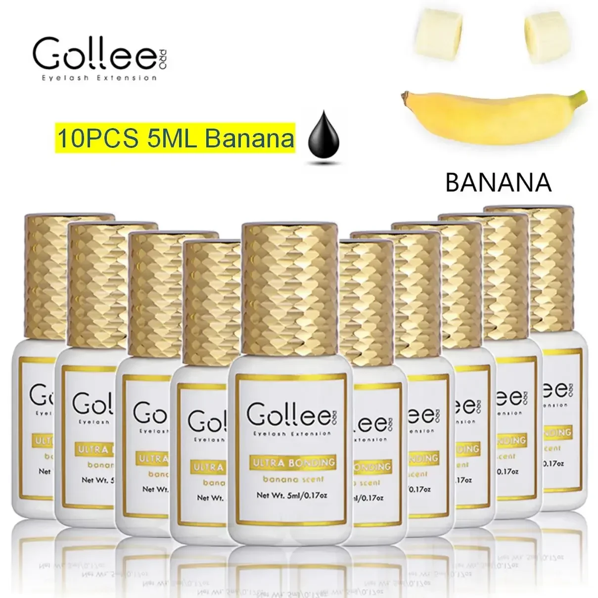 10pcs Gollee Banana Scent Eyelash Extension Glue 1S Fast Drying Non-irritating False Eye Lash Adhesive Safe Strong Long Lasting