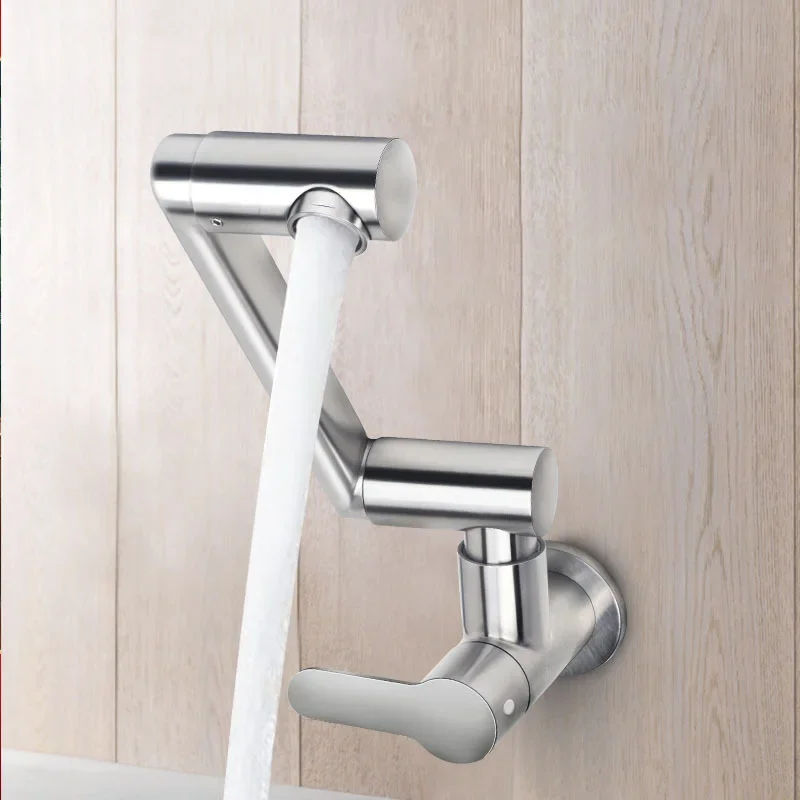 Wall Mounted Universal Folding Kitchen Faucet Retractable Single Cold Water Bibcock Basin Sink Balcony Laundry Tap 360 Rotation