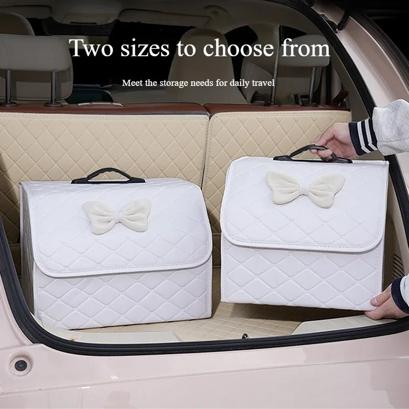 Pink Bow Shaped Leather Car Trunk Storage Box Cute Creative Folding Universal Organizer for Vehicle Miscellaneous Items