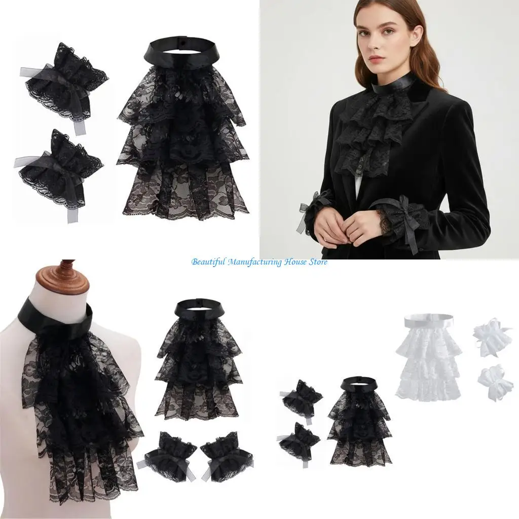 E56A Girls Cosplay Tie Ruffled Collar Wristband Drama Distinctive Aesthetic Victorian