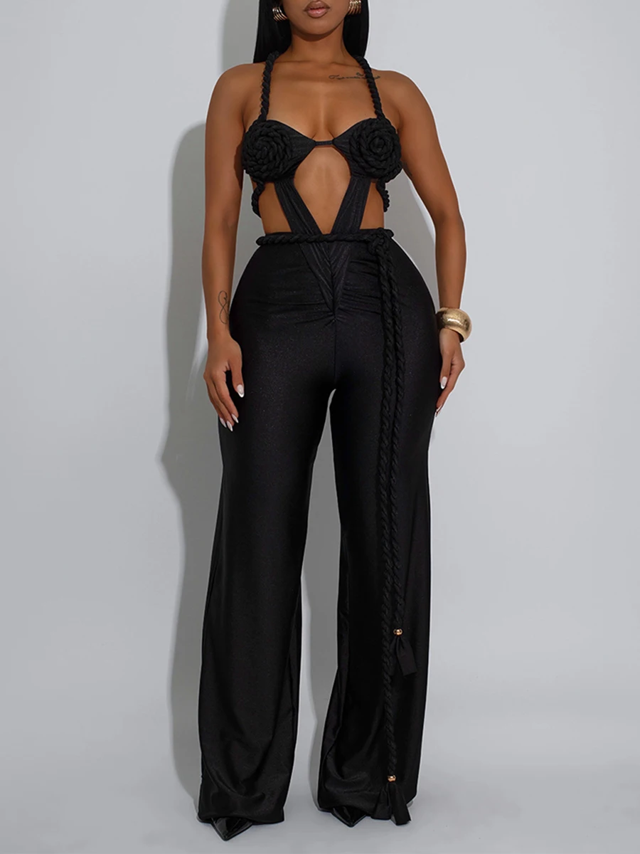 ZIML Sexy Spliced Appliques Slimming Jumpsuits For Women Square Collar Sleeveless High Waist Hollow Out Dress Female Fashion New