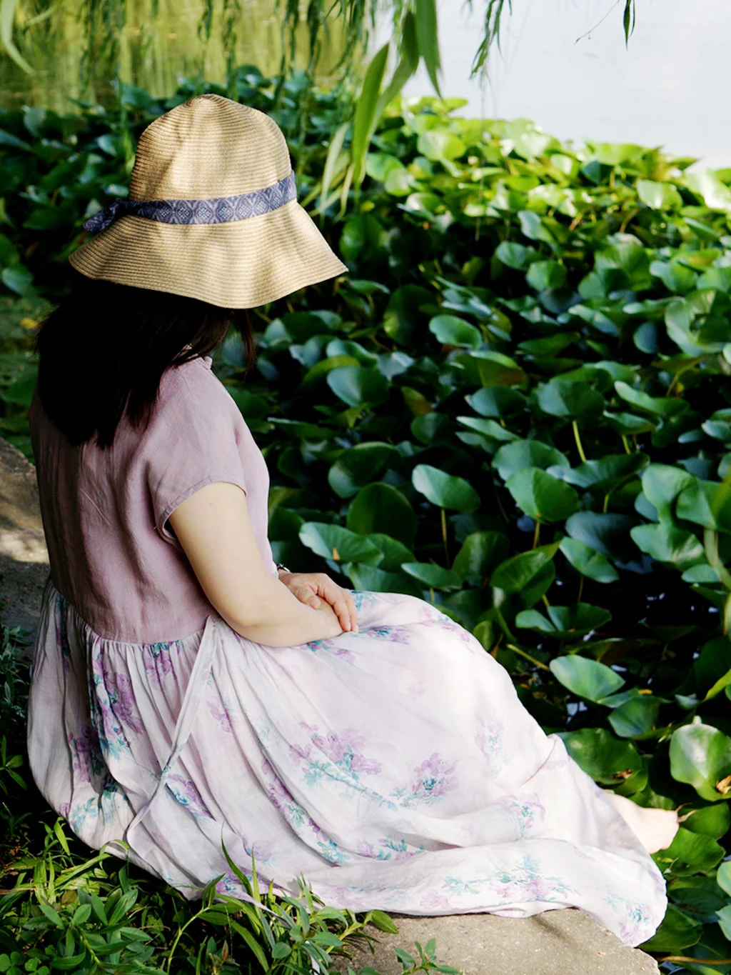 

Романтическая светло-фиолетовая юбка А-силуэта с цветочным пэчворком из тканого льна, женская летняя повседневная юбка-миди с завышенной талией