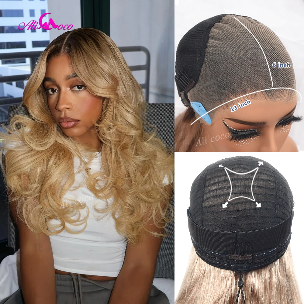 Upgrade Ombre Honey Blonde 13x6 Drawstring Glueless Wig with Taps 13x4 Invisible Lace Front Human Hair Wig180 Density