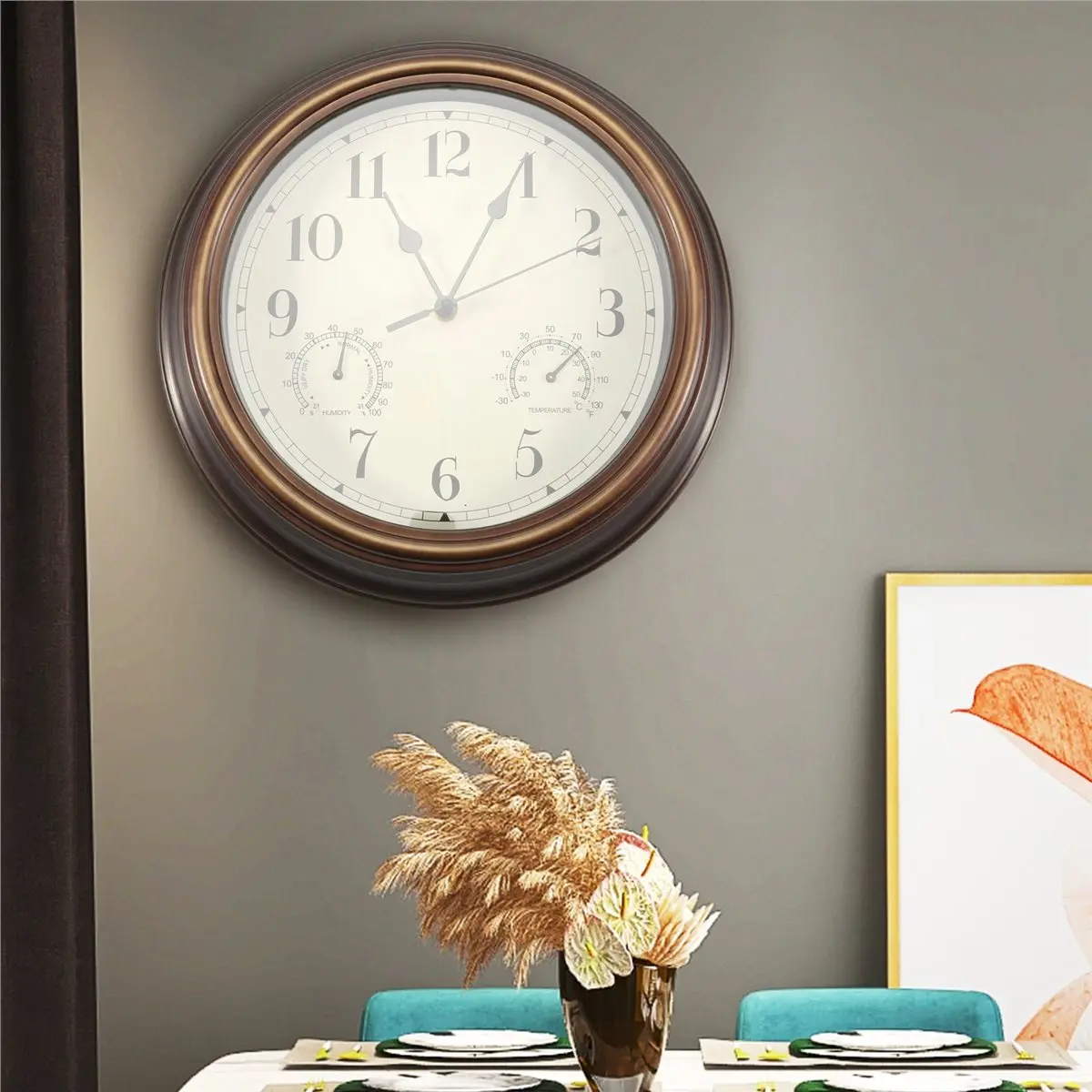 L! DT106^12inch Wall Clock,Retro Waterproof Clock with Displays Thermometer&Hygrometer,Noise-Free Clock for Indoor/Outdoor