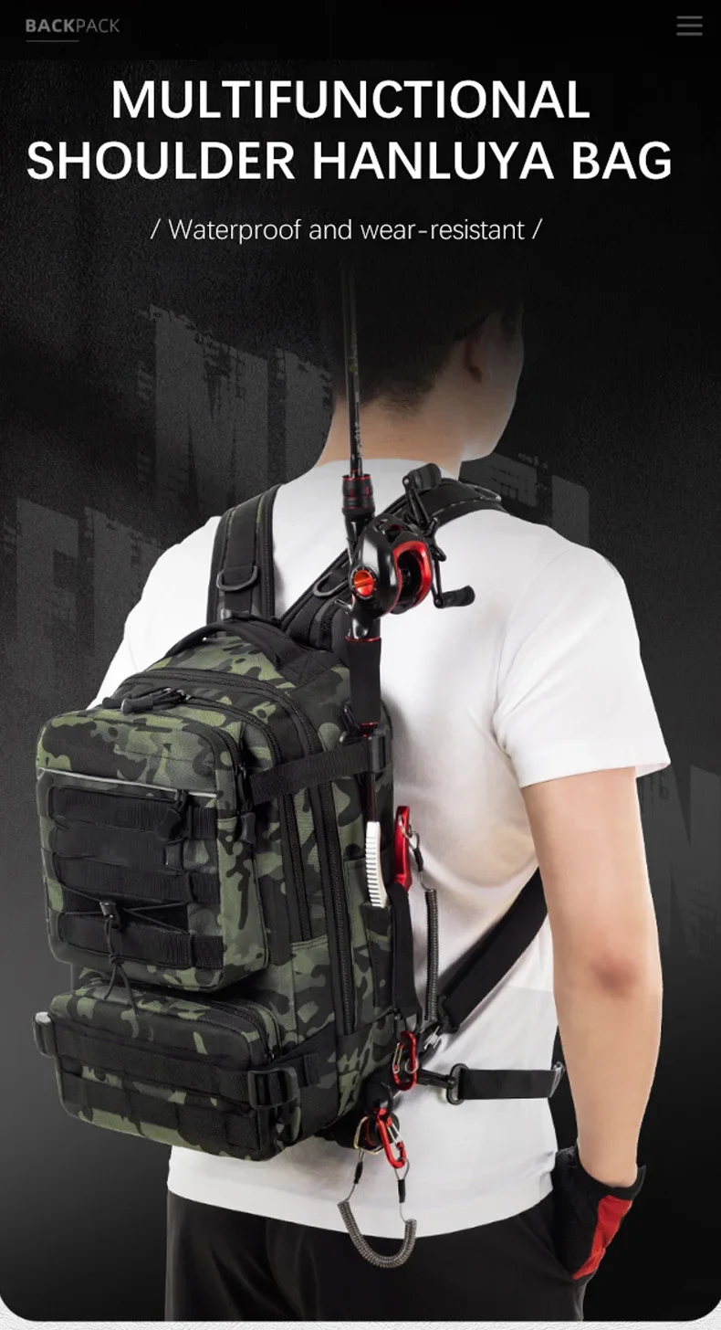 Angelrucksack Aufbewahrungstasche Herren Outdoor Schulter-Hängetasche für Angelköder und Ausrüstung mit Rutenhalter Camping Jagd – Detail 2