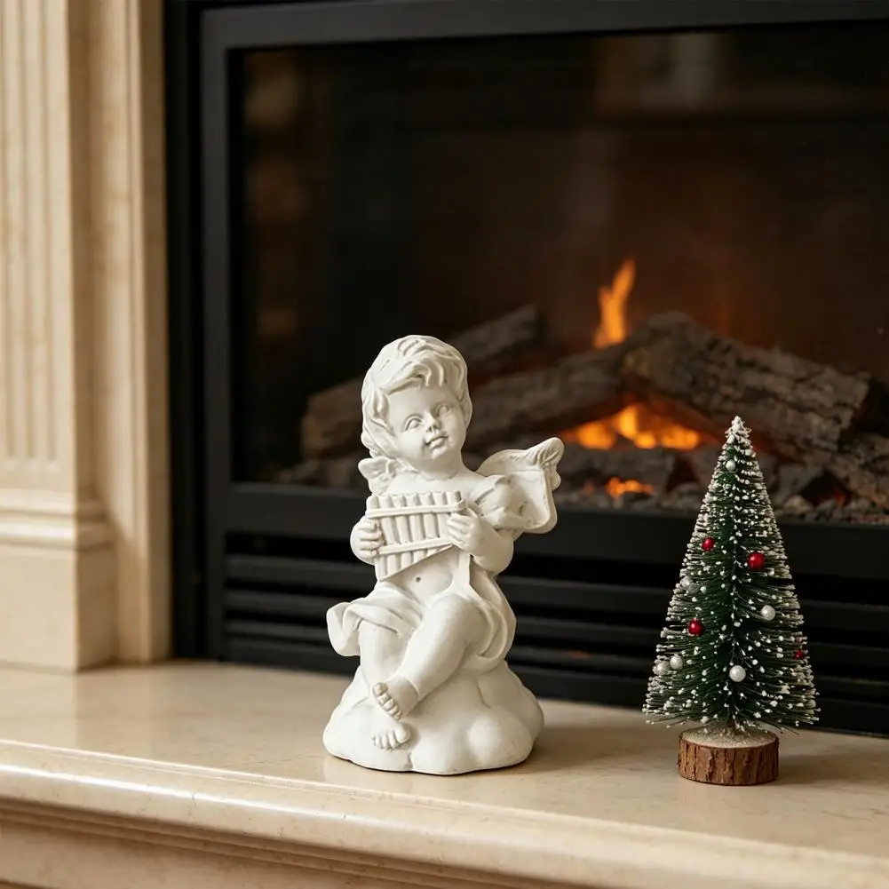 2 Pcs Mini Cupid Figurine Small Resin Cherubs Playing Musical Instrument Statue Miniature Decorative White Angel Ornament for Ho