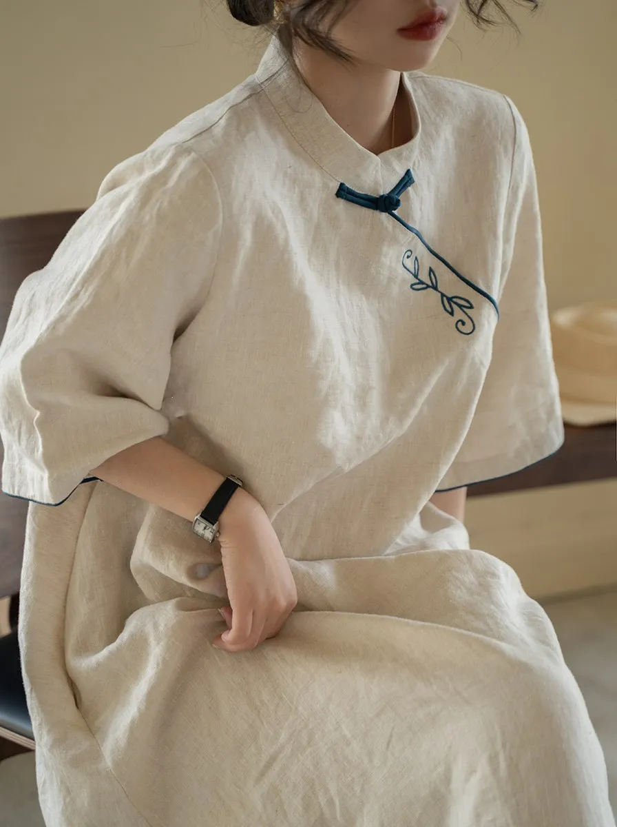 Vestido F de Verão Tamanho ande em Mistura de Aodão e Linho, Estilo Traje Tradicional Chinês para Chá,  M...
