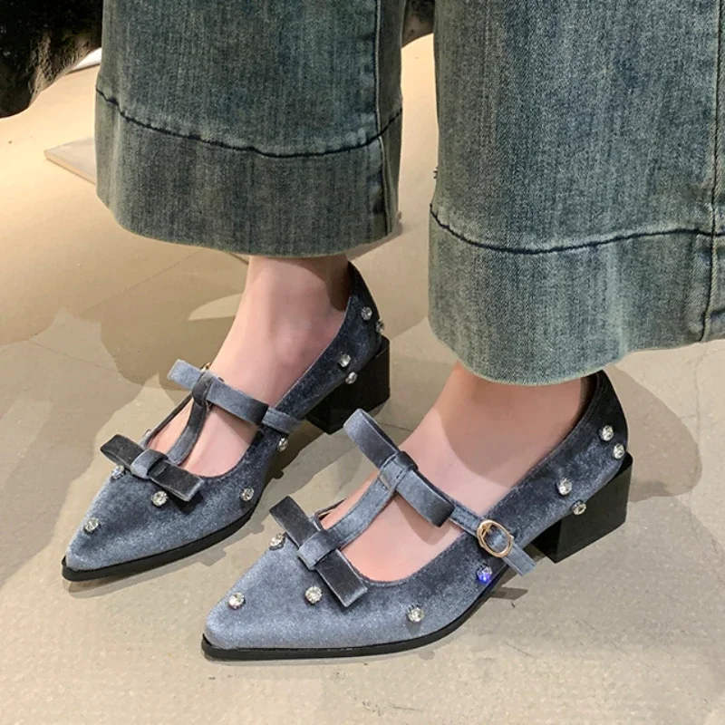 

Pointed Toe Crystal Women Chunky Shoes Elegant High Heels Summer Sandals 2025 New Fashion Dress Party Buckle Woman Pumps Zapatos