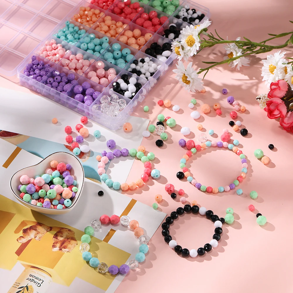 812pcs/Box 6/8/10mm Acrylic Round Faceted Beads Kits with 0.8mm Elastic Cord for DIY Bracelet Necklace Jewelry Making Supplies