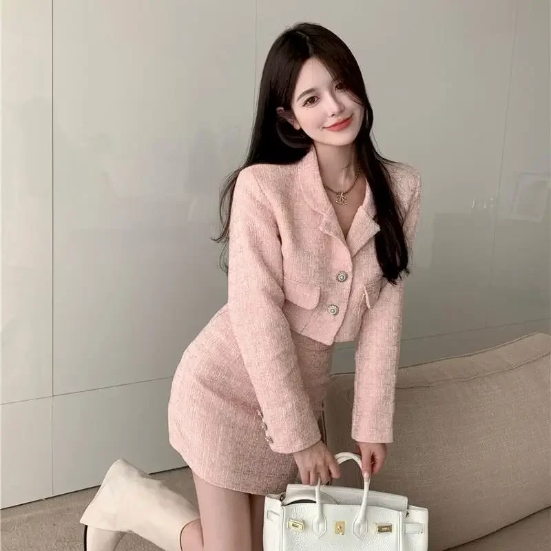 Insozkdg Autumn Winter New Small Fragrance Style Ladies Two-piece Tweed Long-sleeved Suit Ladies Short Coat High-waisted Skirts