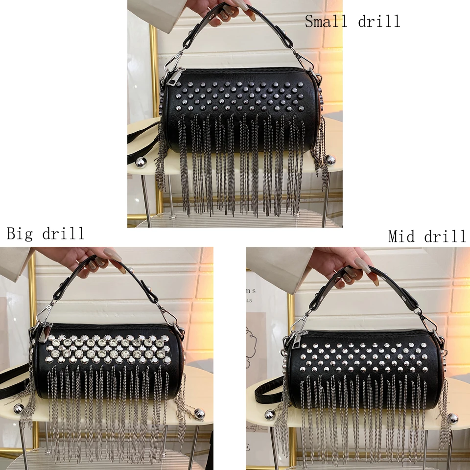 Luxury Designer Handbags Women Diamond Long Fringe Punk Shoulder Bag Fashion Studded Crossbody Purse Bolso Fiesta Chain Handtas