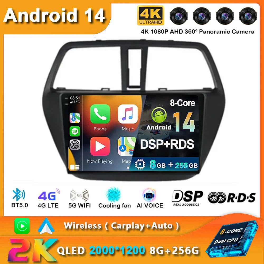 Android 14 Wireless Carplay Auto Car Radio For Suzuki SX4 S-Cross 2014 2015 2016 2017 Multimedia Player Stereo GPS WIFI+4G Vdeo