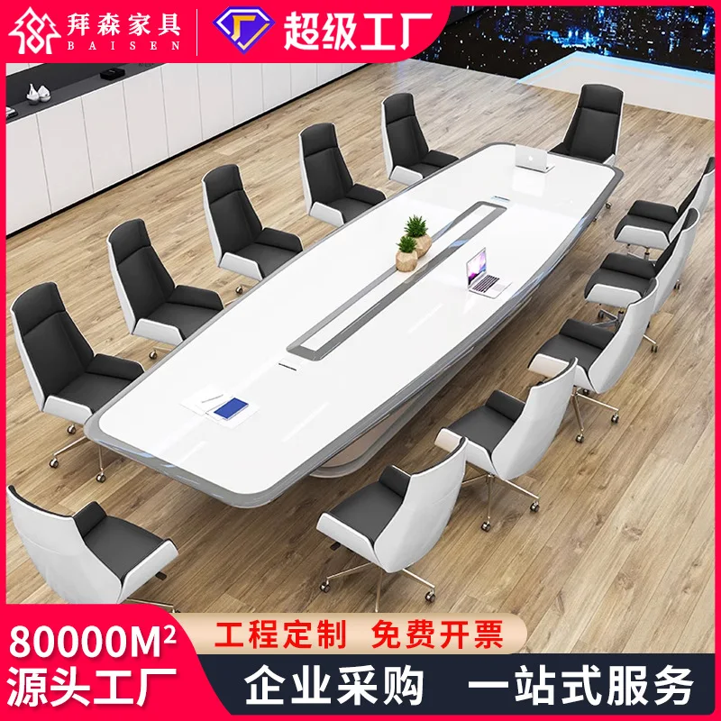 

Long table Conference table Simple modern furniture White paint Medium and large negotiation meeting room Office table and chair