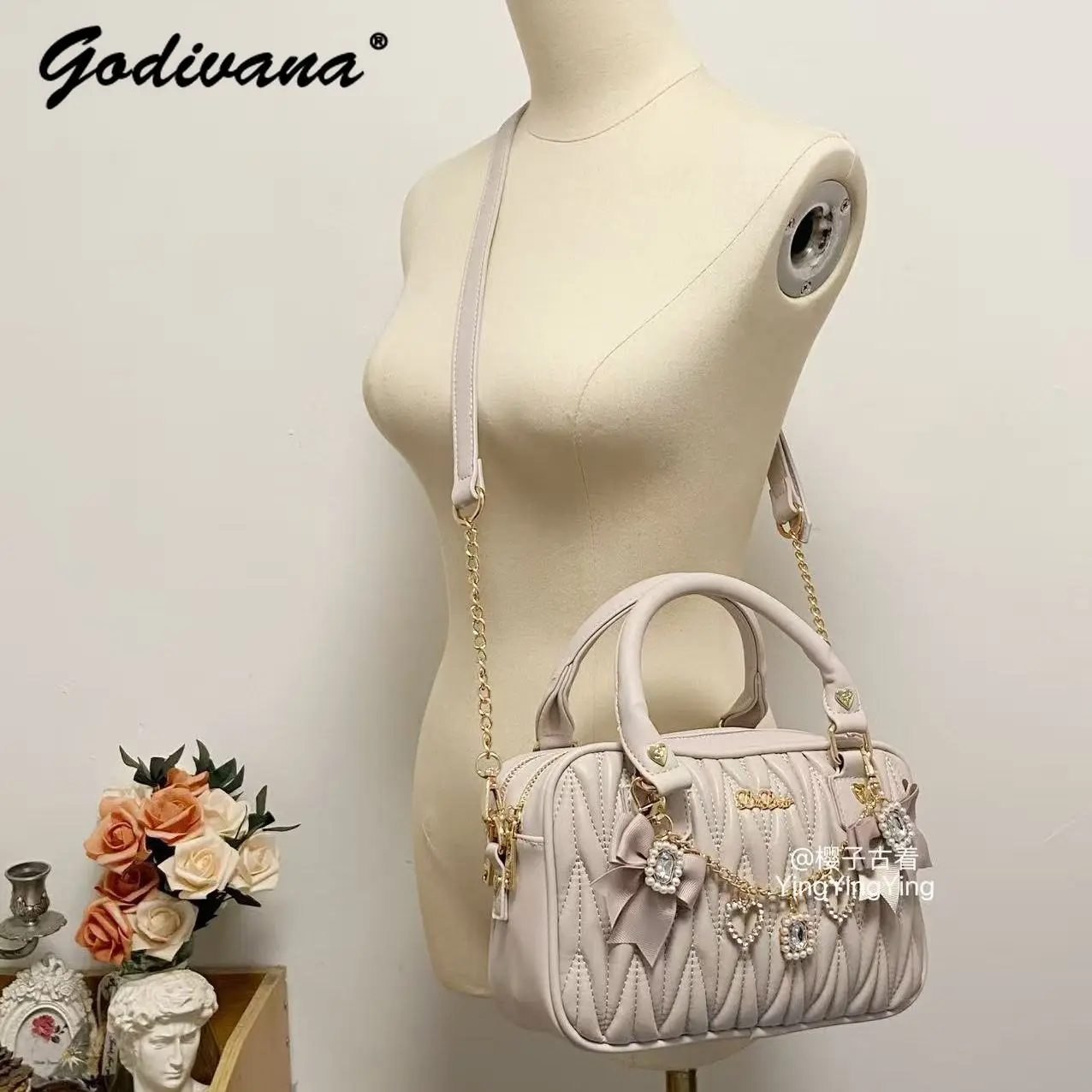 Japanese Style Sweet Heart Rhinestone Bow Tassel Ruched Lolita Pink Handbag Female Girls Square Crossbody Bag Handbags