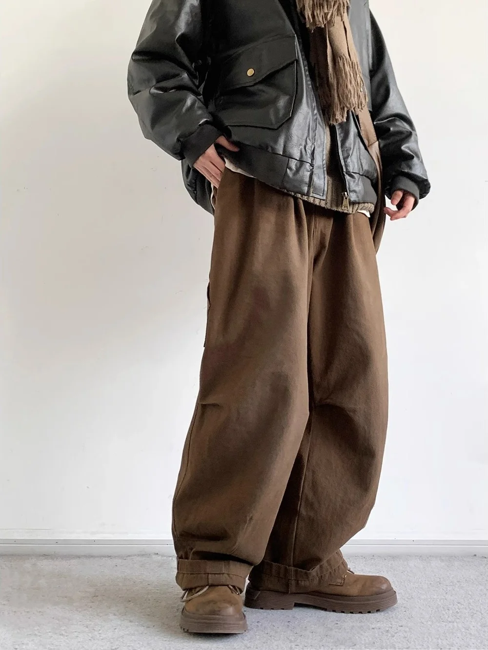 Retro Japanese Neutral Brown Work Trousers Men Women Spring Autumn Basic Loose Straight Leg Long Casual Pants