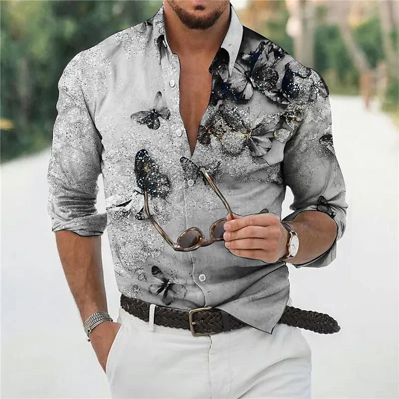 New men's 3D printed shirt with butterfly, flower, and leaf patterns