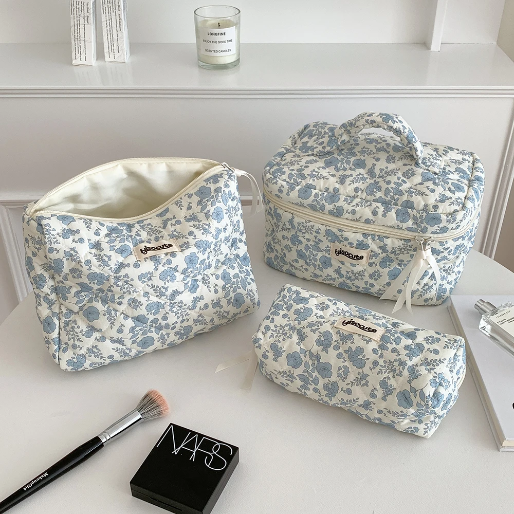 

Quilted Cotton Makeup Bag Printed Zipper Women's Cosmetic Bag Organizer Portable Toiletry Storage Handbag Girl Travel Essentials