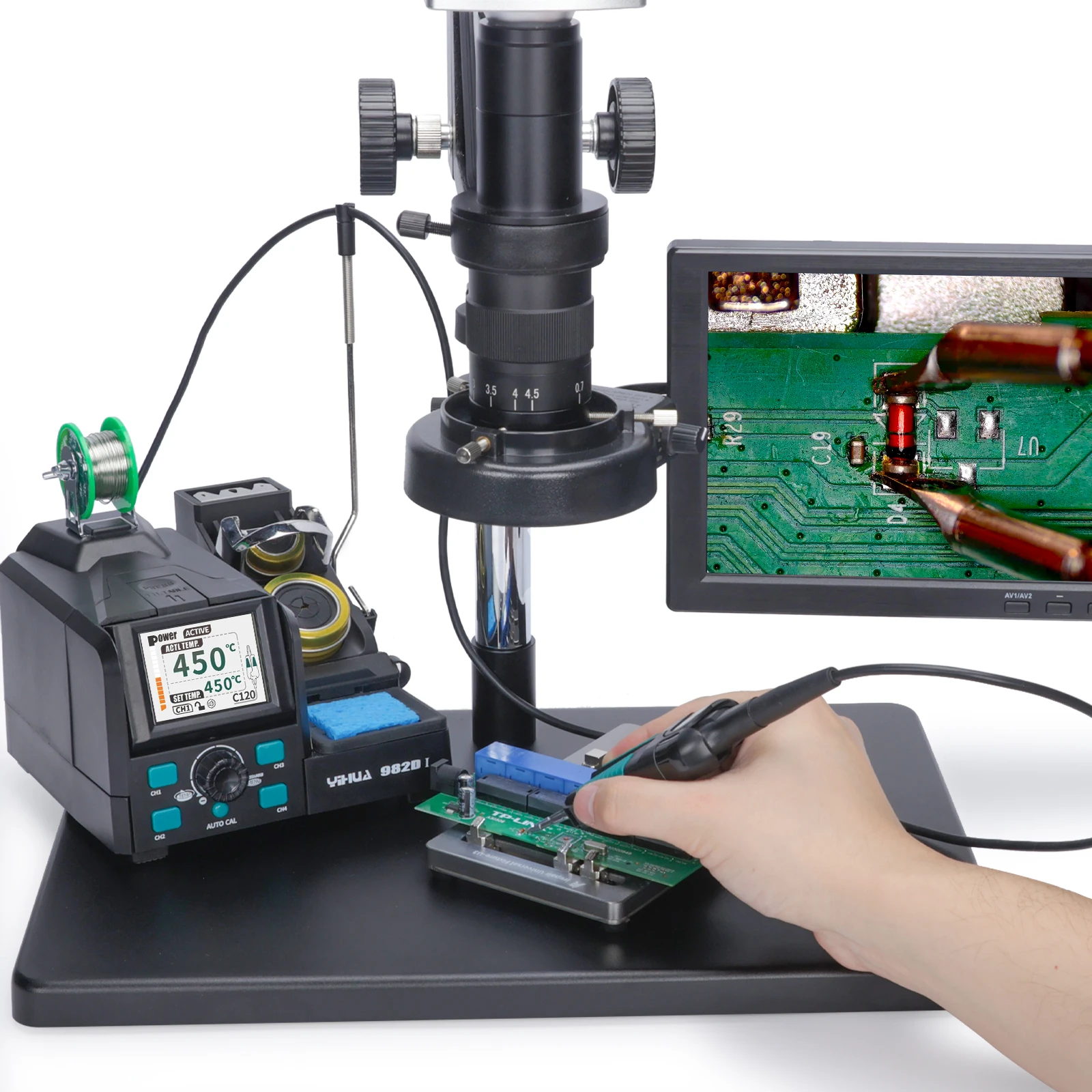 YIHUA 982D-I Precision Tweezers Soldering Iron Station for Microscope Soldering Electronics Rework Station with Auto Calibration