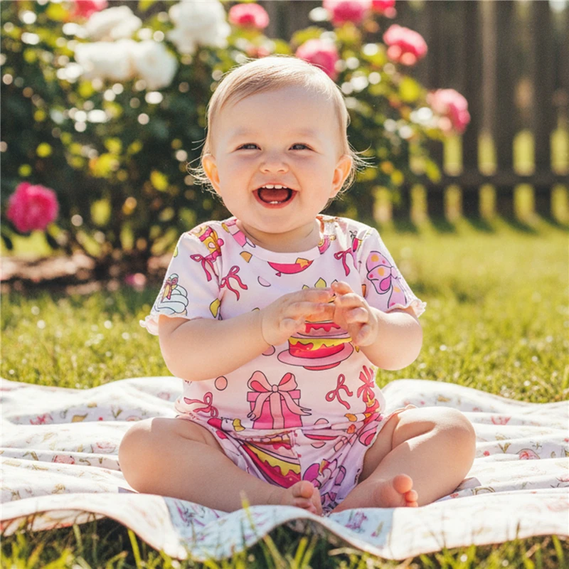 

Летний модный комплект одежды для малышек 2026 года: милый топ с коротким рукавом и принтом «торт» и шорты, 2 предмета